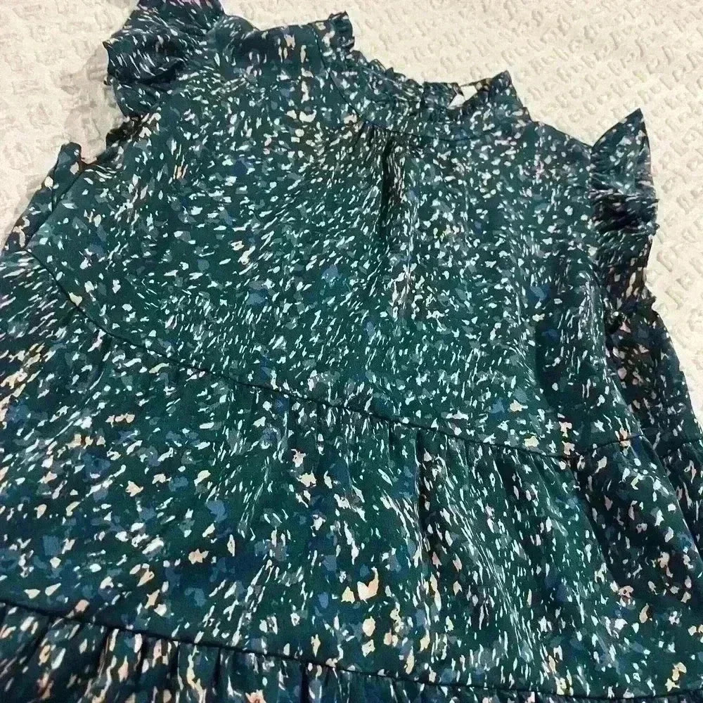 Thml Lori Print Tiered Flutter Sleeve Teal Top - image 2